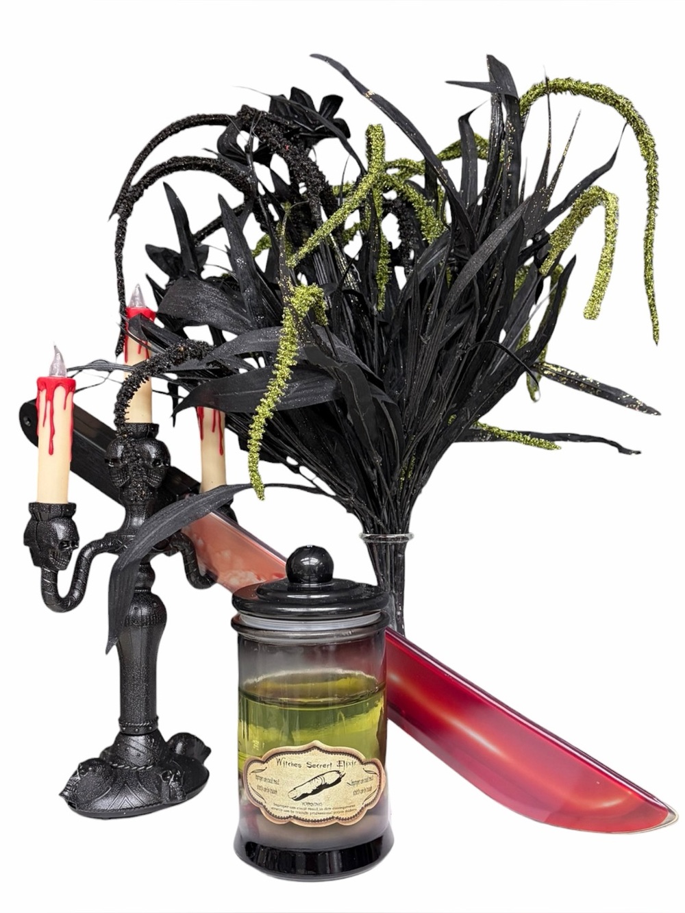4 Piece Halloween Decor Bundle Skull Candelabra Witch Potion Bloody Knife